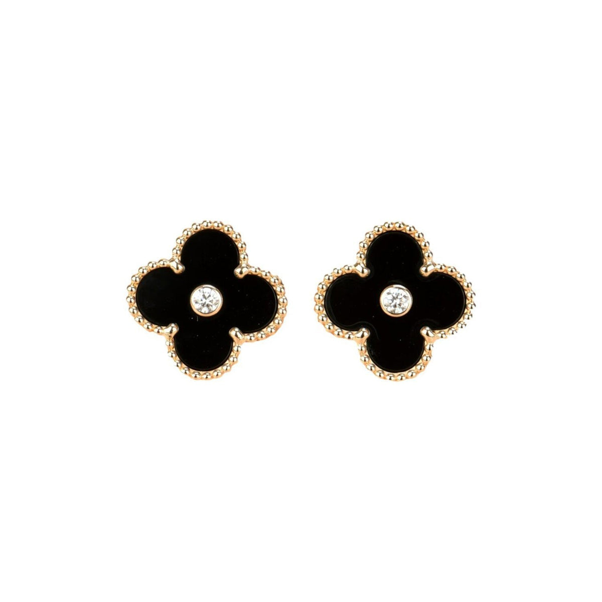 [⭐Aura ]CLOVER MEDIUM 1 MOTIFS ONYX DIAMOND EARRINGS