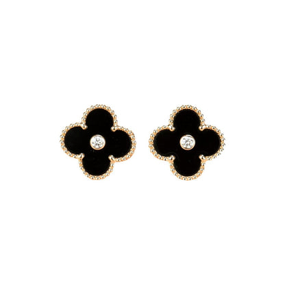 [⭐Aura ]CLOVER MEDIUM 1 MOTIFS ONYX DIAMOND EARRINGS