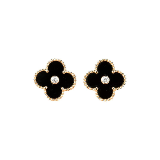 [⭐Aura ]CLOVER MEDIUM 1 MOTIFS ONYX DIAMOND EARRINGS