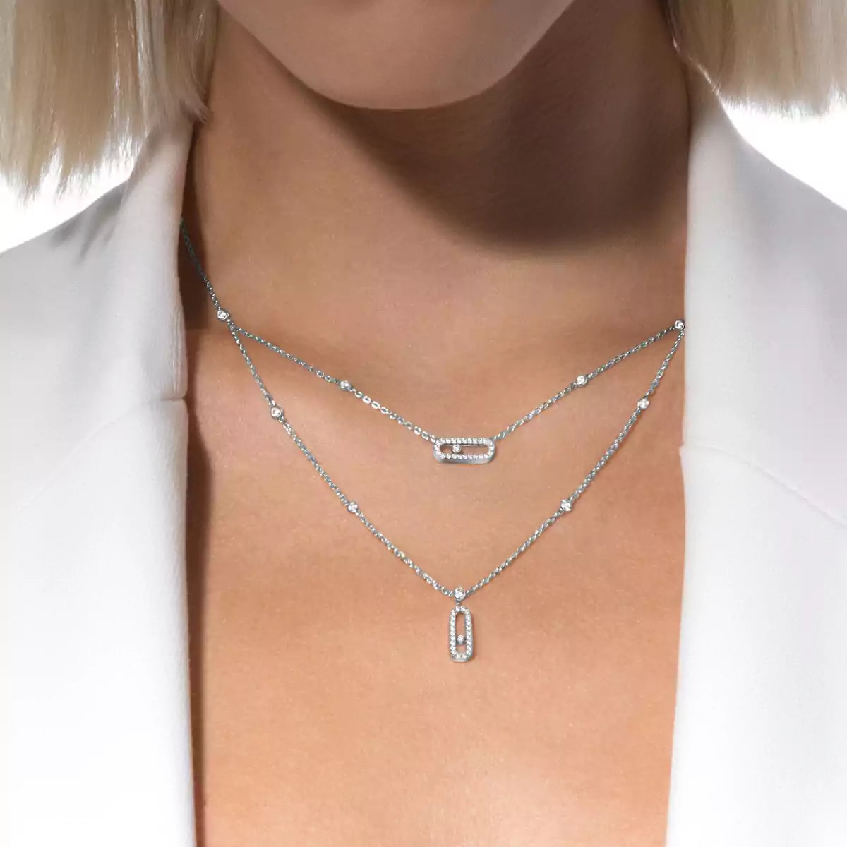 [Aura ] 2 Rows Rose Gold Diamond Pave_ Necklace Move Uno