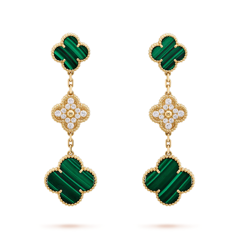 Aura CLOVER EARRINGS GOLD MALACHITE DIAMOND 3 MOTIF