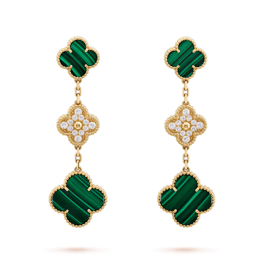 [⭐Aura ]CLOVER EARRINGS GOLD MALACHITE DIAMOND 3 MOTIF