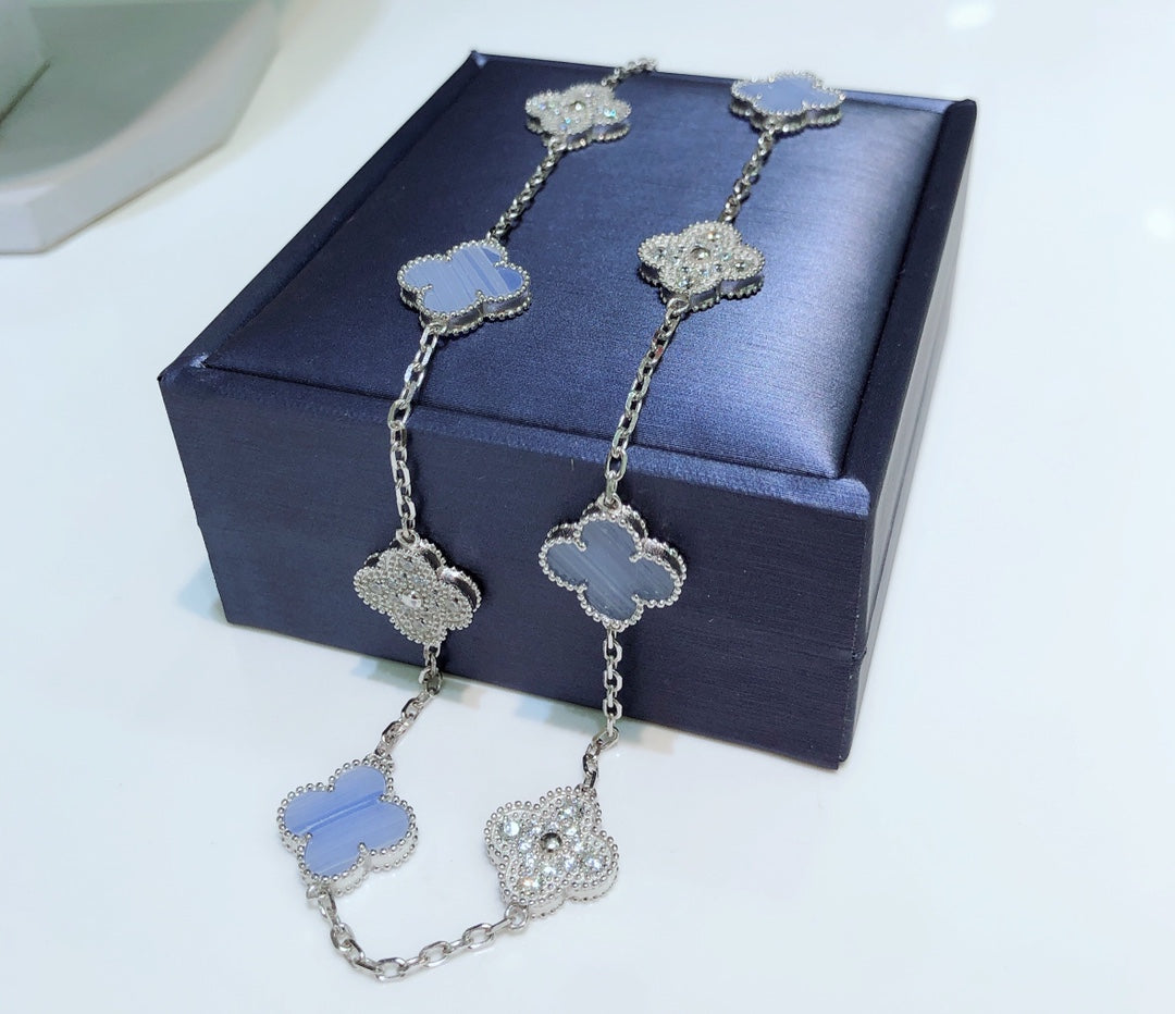 Aura CLOVER 10 MOTIFS CHALCEDONY DIAMONDS SILVER NECKLACE
