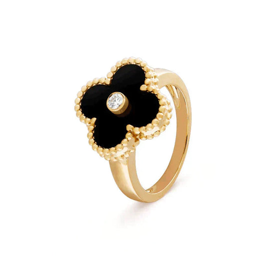 [⭐Aura ]CLOVER ONYX RING GOLD DIAMOND